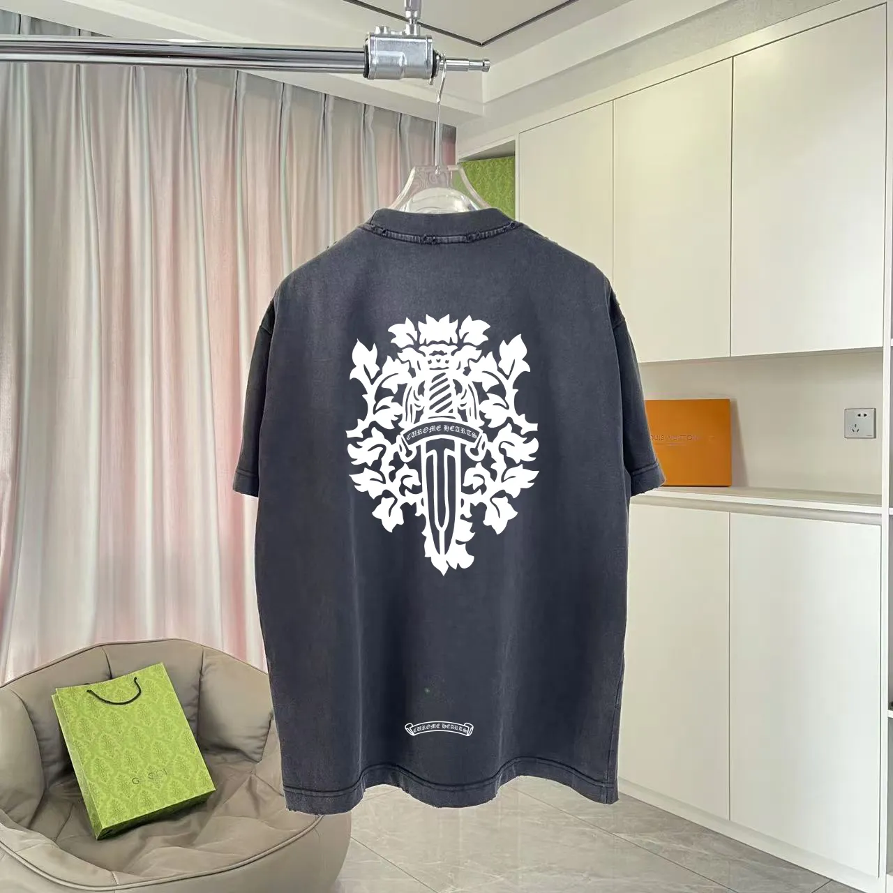 🅿️200 ch Crocodile* 2025 spring and summer new style, washed, worn, Sanskrit cross print, short-sleeved T-shirt, customized fabric 320g, same style for men and women, size: S M L XL XXL five codes, color: black gray